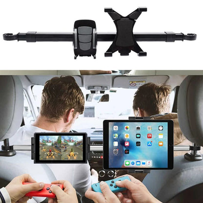 Tablette et support  avec deux écrans installés à l’arrière des sièges avant, utilisés par deux passagers tenant manettes de jeu