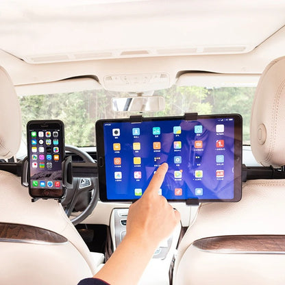 Tablette et support  avec tablette tactile et smartphone fixés entre les sièges avant pour passager arrière