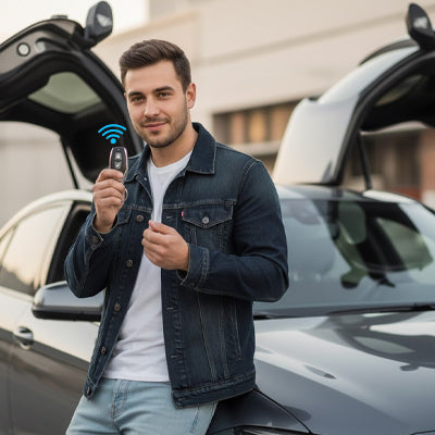 Voiture alarme activée par télécommande, conducteur près du coffre ouvert